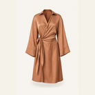Lord & Taylor Heritage camel satin wrap dress flat lay product shot