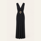 Black floor-length column gown with side-gathered drape, full product view by Lord & Taylor Heritage