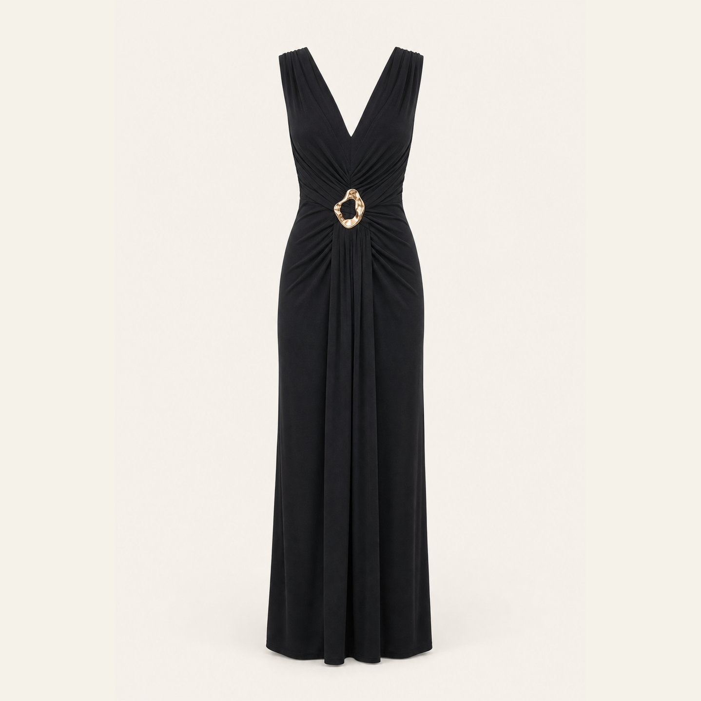 Black floor-length column gown with side-gathered drape, full product view by Lord & Taylor Heritage