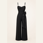 Black wide-leg jumpsuit with side sash, flat product view by Lord & Taylor Heritage