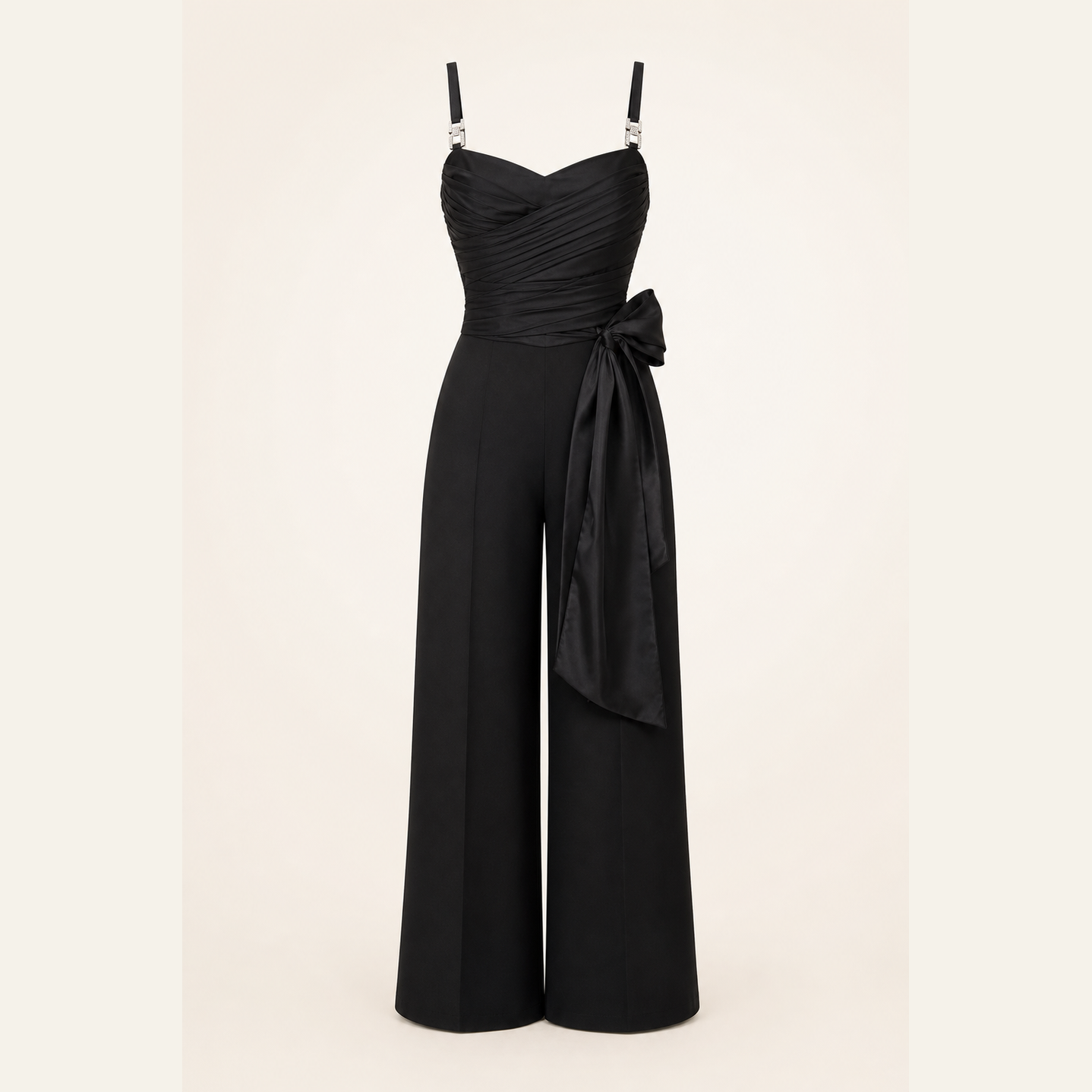 Black wide-leg jumpsuit with side sash, flat product view by Lord & Taylor Heritage