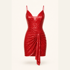 Red sequin mini dress with ruched tulip skirt by Lord & Taylor Heritage, flat lay