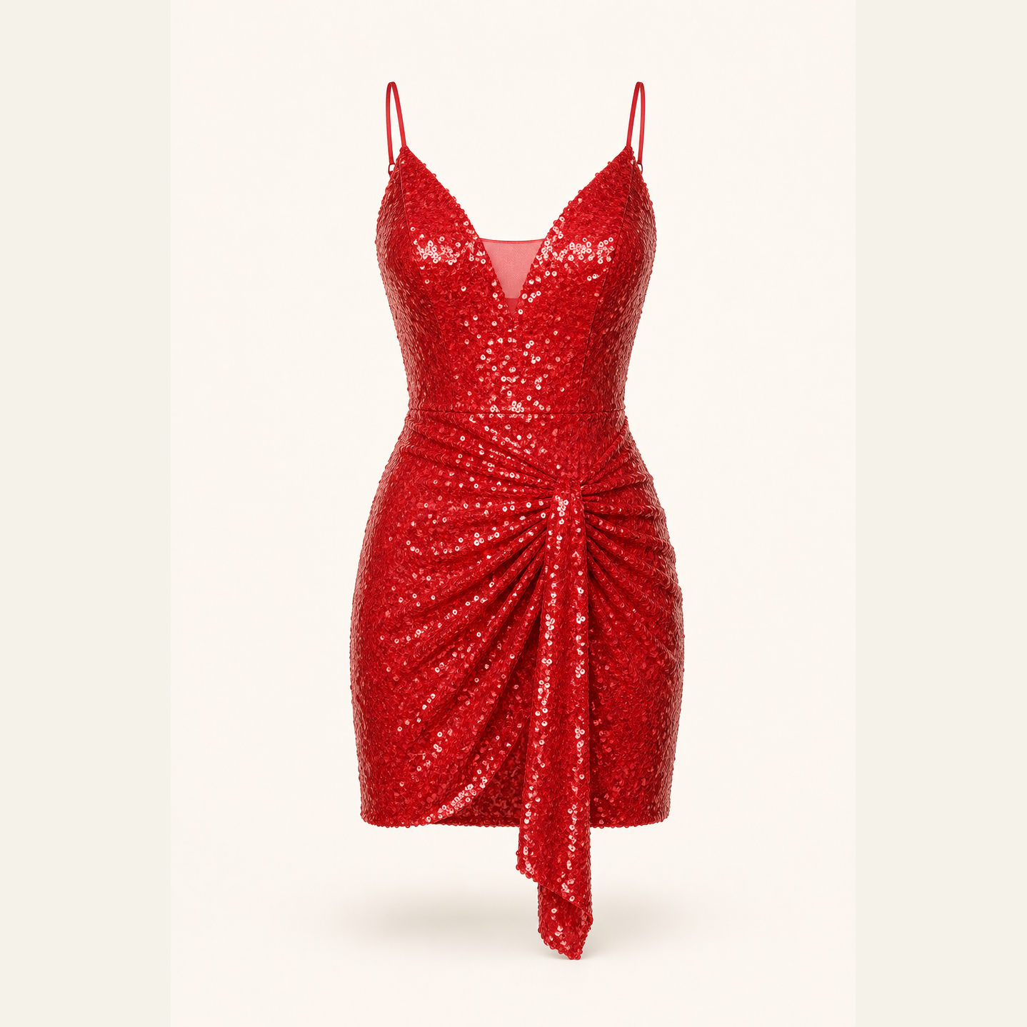 Red sequin mini dress with ruched tulip skirt by Lord & Taylor Heritage, flat lay