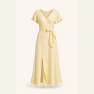 Pale yellow satin-touch crepe wrap dress with bias-cut skirt, flat product view