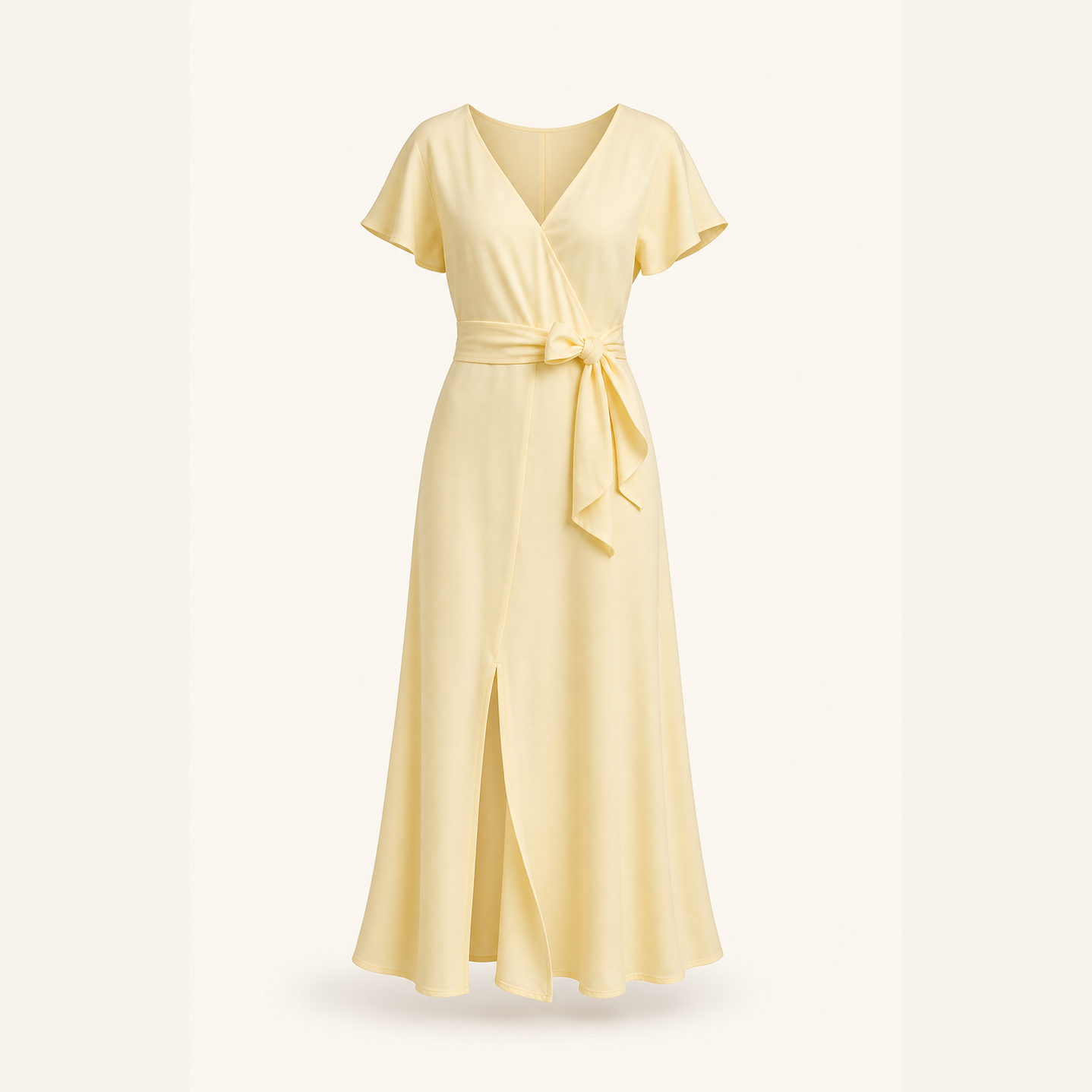 Pale yellow satin-touch crepe wrap dress with bias-cut skirt, flat product view