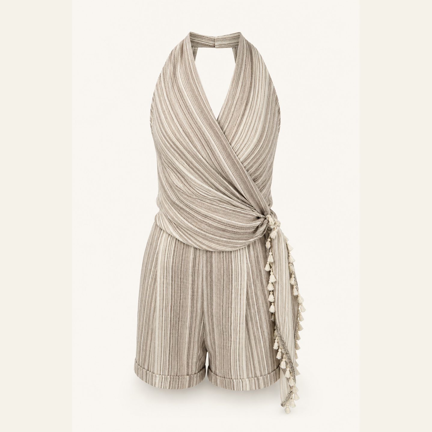 Brown striped wrap romper flat lay product shot by Lord & Taylor Heritage
