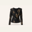 Gold metallic snake print wrap top, flat lay product shot