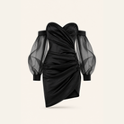 Black satin mini dress with sweetheart neckline by Lord & Taylor Heritage, product flat lay