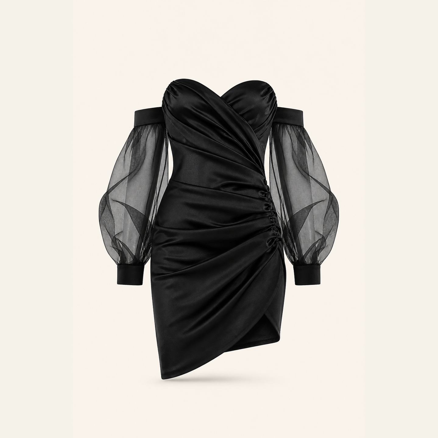 Black satin mini dress with sweetheart neckline by Lord & Taylor Heritage, product flat lay