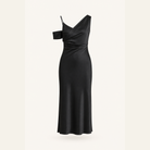 Black satin midi dress with asymmetric neckline, flat product view