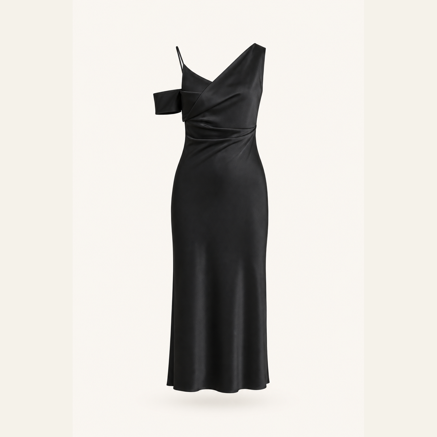 Black satin midi dress with asymmetric neckline, flat product view