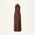 Lord & Taylor Heritage brown satin halter maxi dress, flat product view