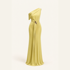 Chartreuse draped jersey gown flat lay showing asymmetric silhouette by Lord & Taylor Heritage