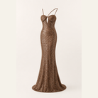 Bronze sequin mermaid gown with flared train hem by Lord & Taylor Heritage, flat lay