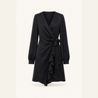 Lord & Taylor Heritage black crepe wrap dress with self-tie waist, flat lay