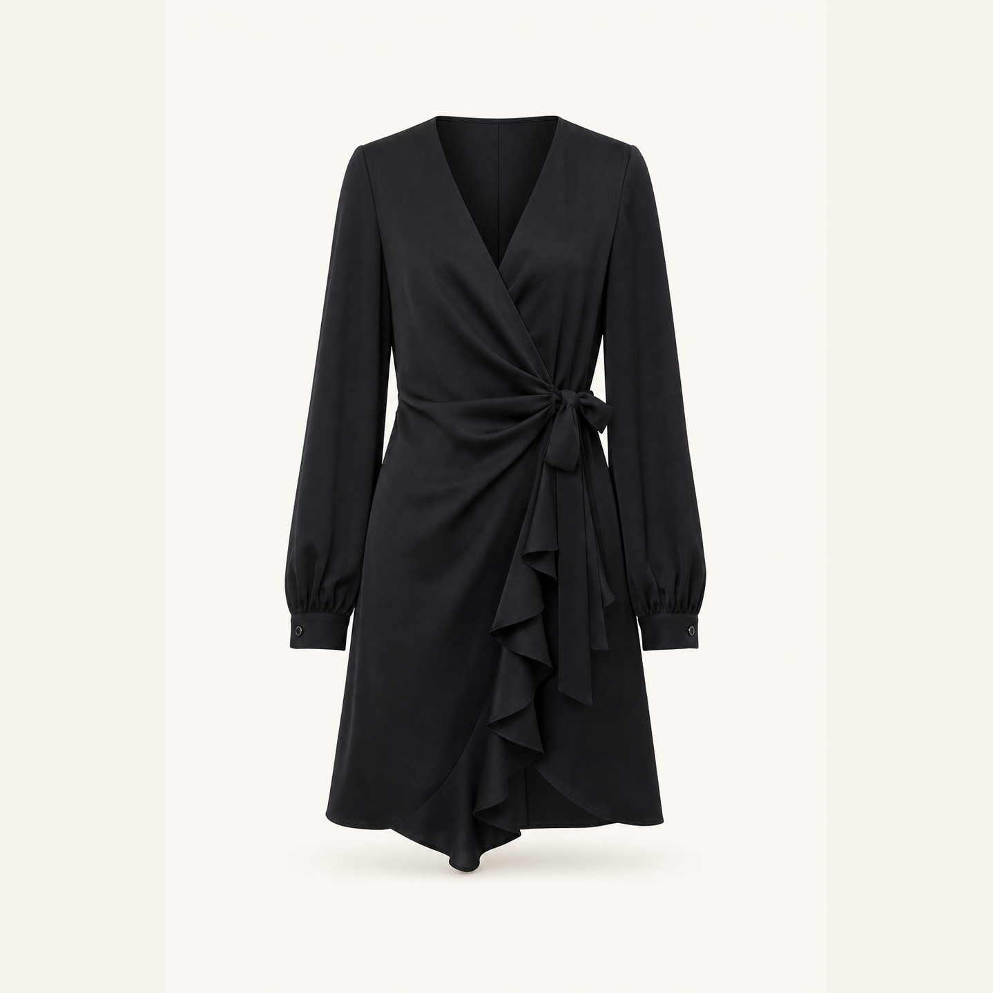 Lord & Taylor Heritage black crepe wrap dress with self-tie waist, flat lay