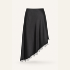 Black satin midi skirt with lace trim flat lay by Lord & Taylor Heritage
