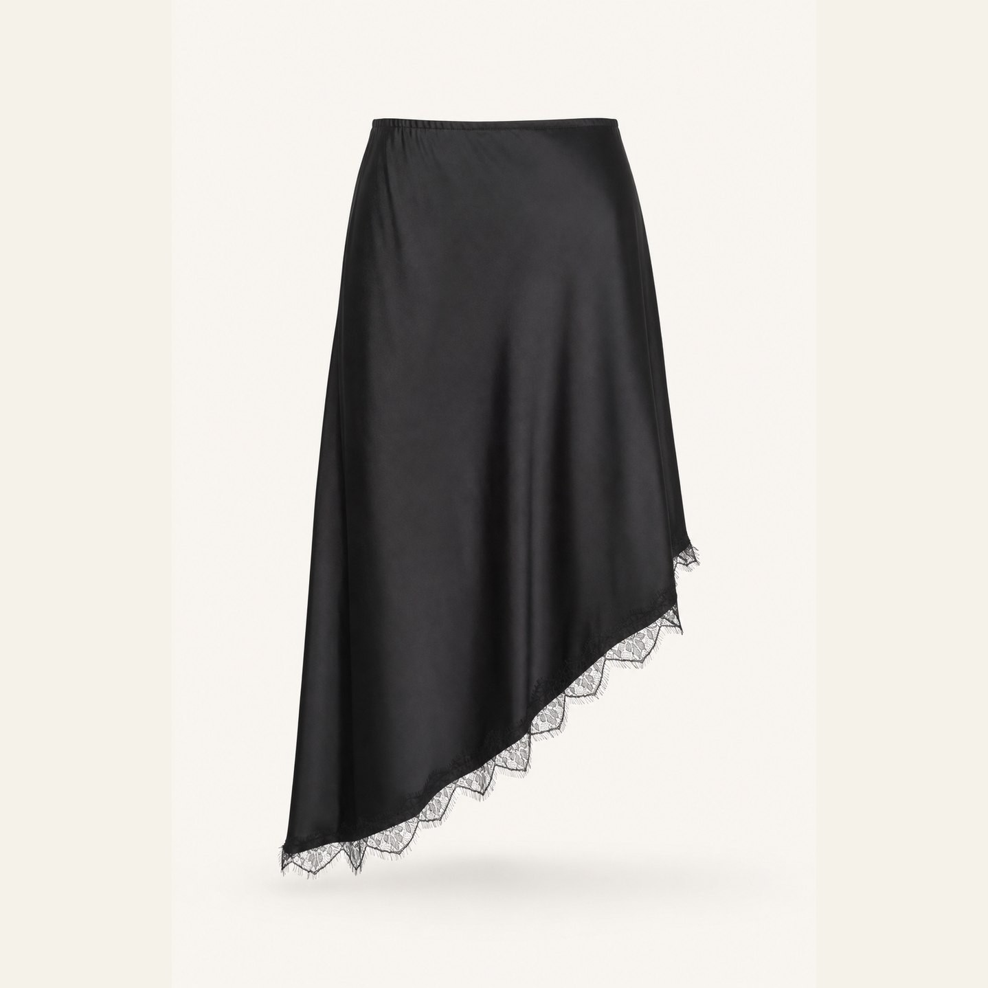 Black satin midi skirt with lace trim flat lay by Lord & Taylor Heritage