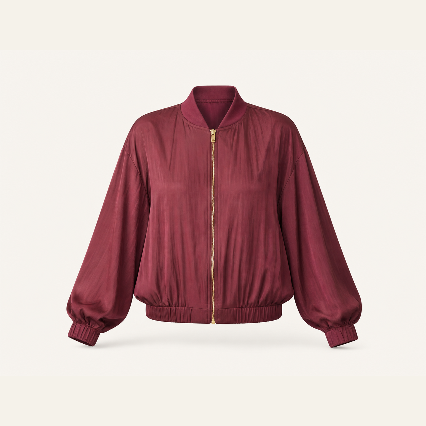 Burgundy satin bomber jacket flat lay product shot by Lord & Taylor Heritage