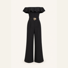 Black wide-leg jumpsuit with ruffle detail, flat product shot