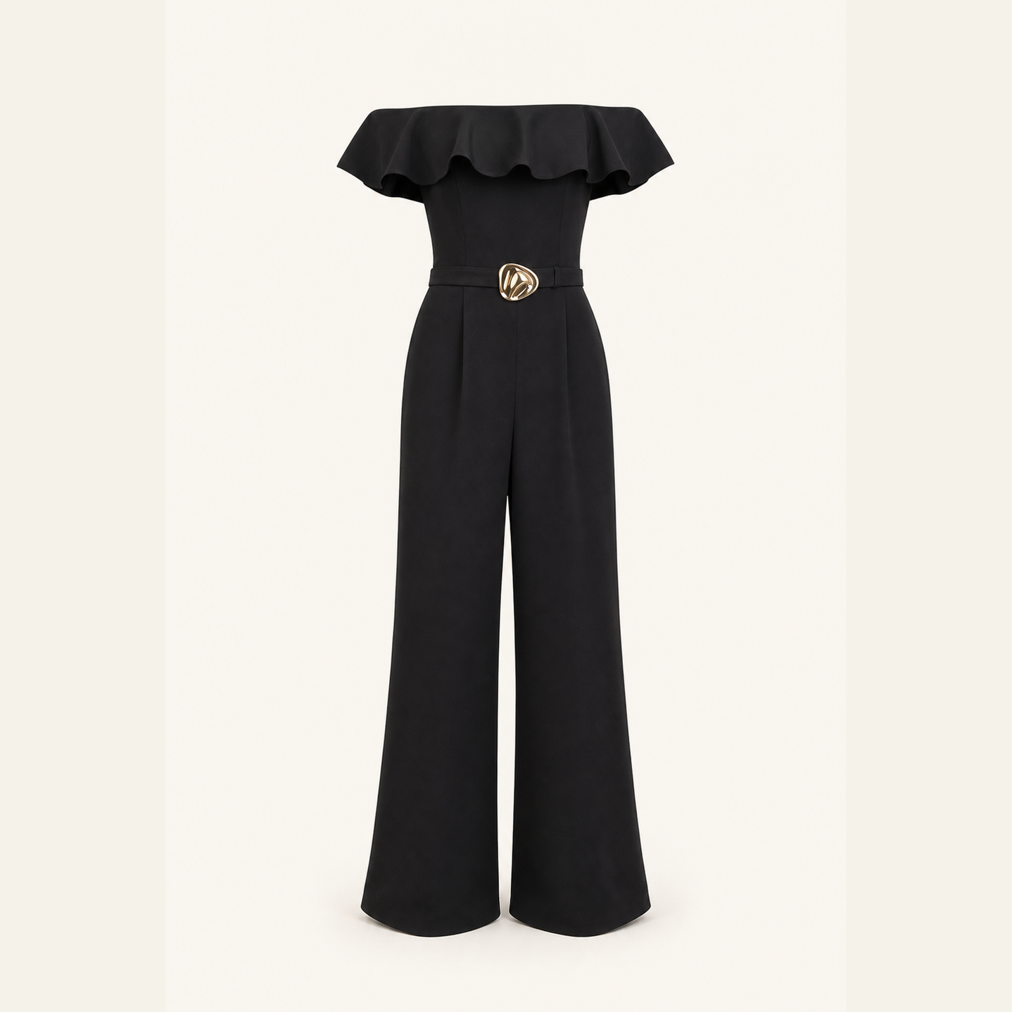 Black wide-leg jumpsuit with ruffle detail, flat product shot