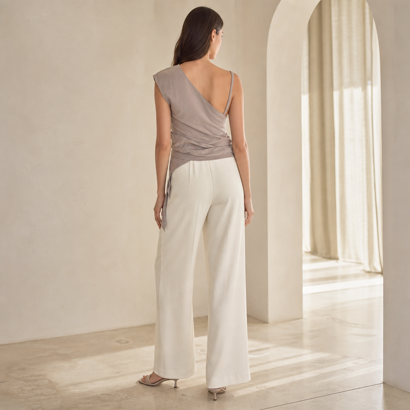Mink brown satin button-front top by Lord & Taylor Heritage, back view