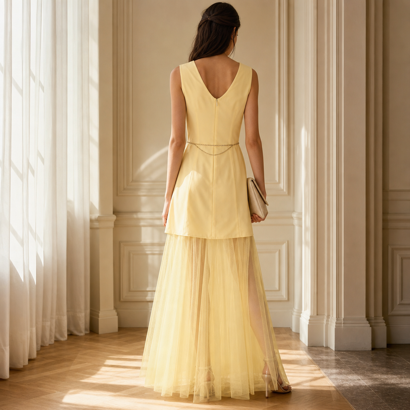 Butter yellow satin and tulle maxi gown with gold chain detail, back view by Lord & Taylor Heritage