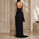 Black sequin column gown with beaded straps, full back view by Lord & Taylor Heritage