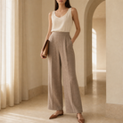 Taupe linen wide-leg trouser with pressed crease by Lord & Taylor Heritage, front view