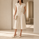 Natural linen-blend shirt dress with cap sleeves and button placket, full-body front view by Lord & Taylor Heritage