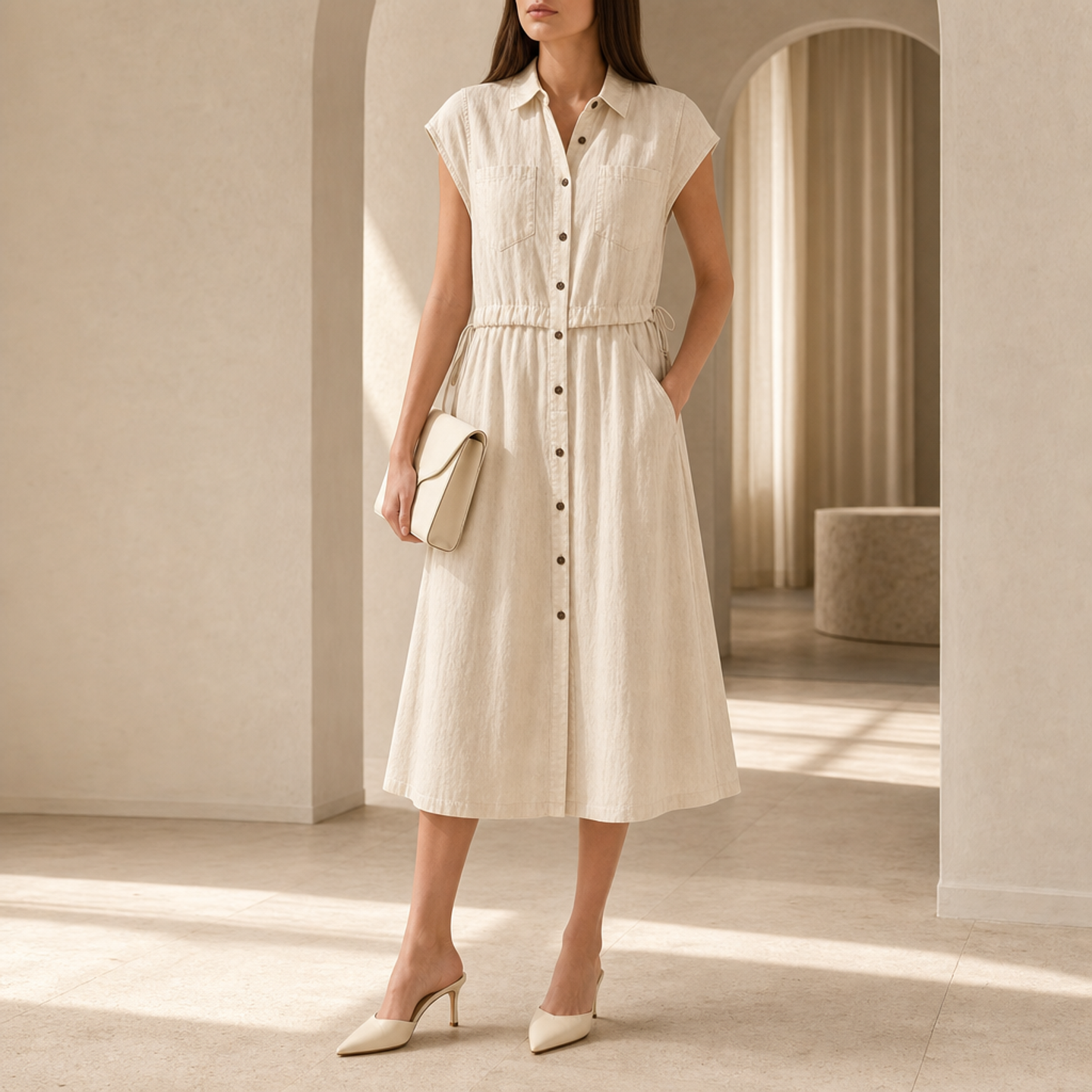Natural linen-blend shirt dress with cap sleeves and button placket, full-body front view by Lord & Taylor Heritage