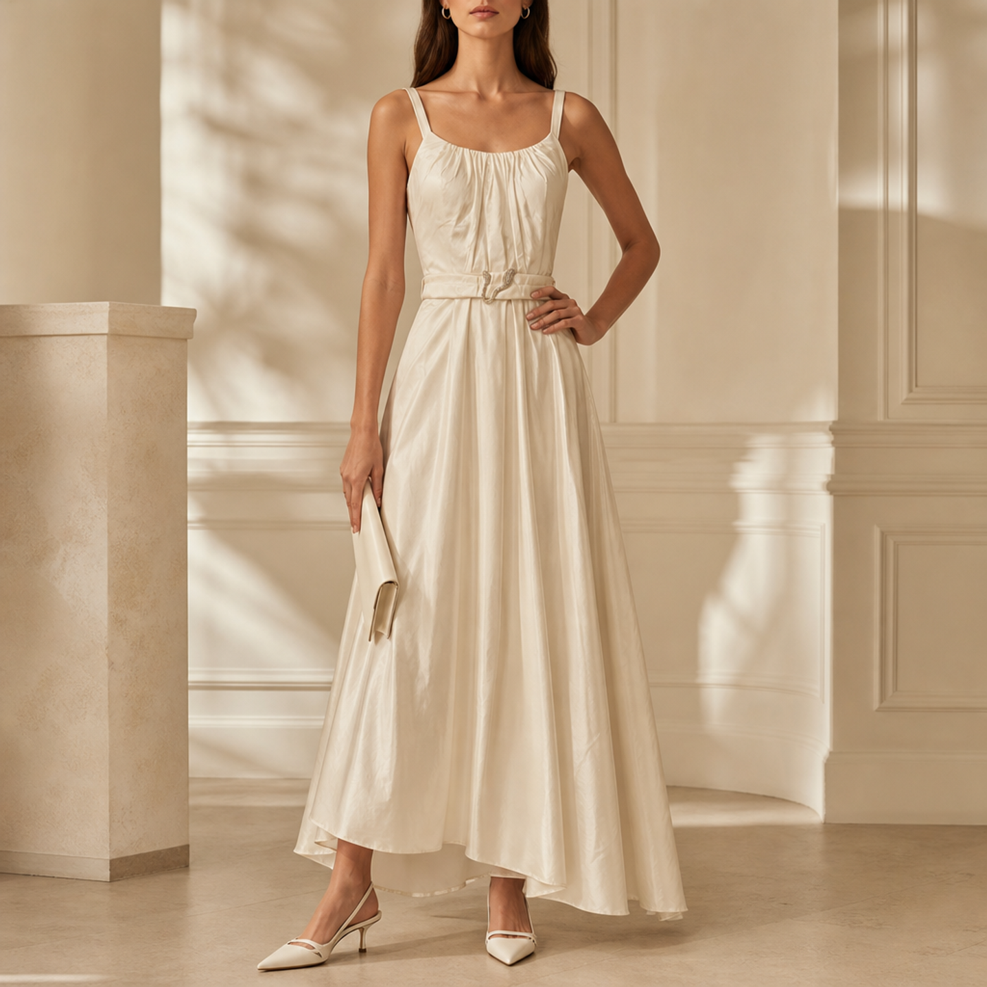 Ecru wrap dress with adjustable waist tie by Lord & Taylor Heritage, front view
