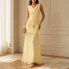 Butter yellow cowl-neck maxi gown with pleated tulle skirt, front view by Lord & Taylor Heritage