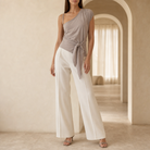Mink brown satin button-front top by Lord & Taylor Heritage, front view