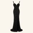 Black sequin sweetheart gown flat lay showing column silhouette by Lord & Taylor Heritage