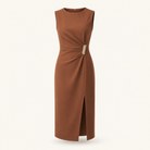 Brown sleeveless midi dress with crew neckline by Lord & Taylor Heritage, full view