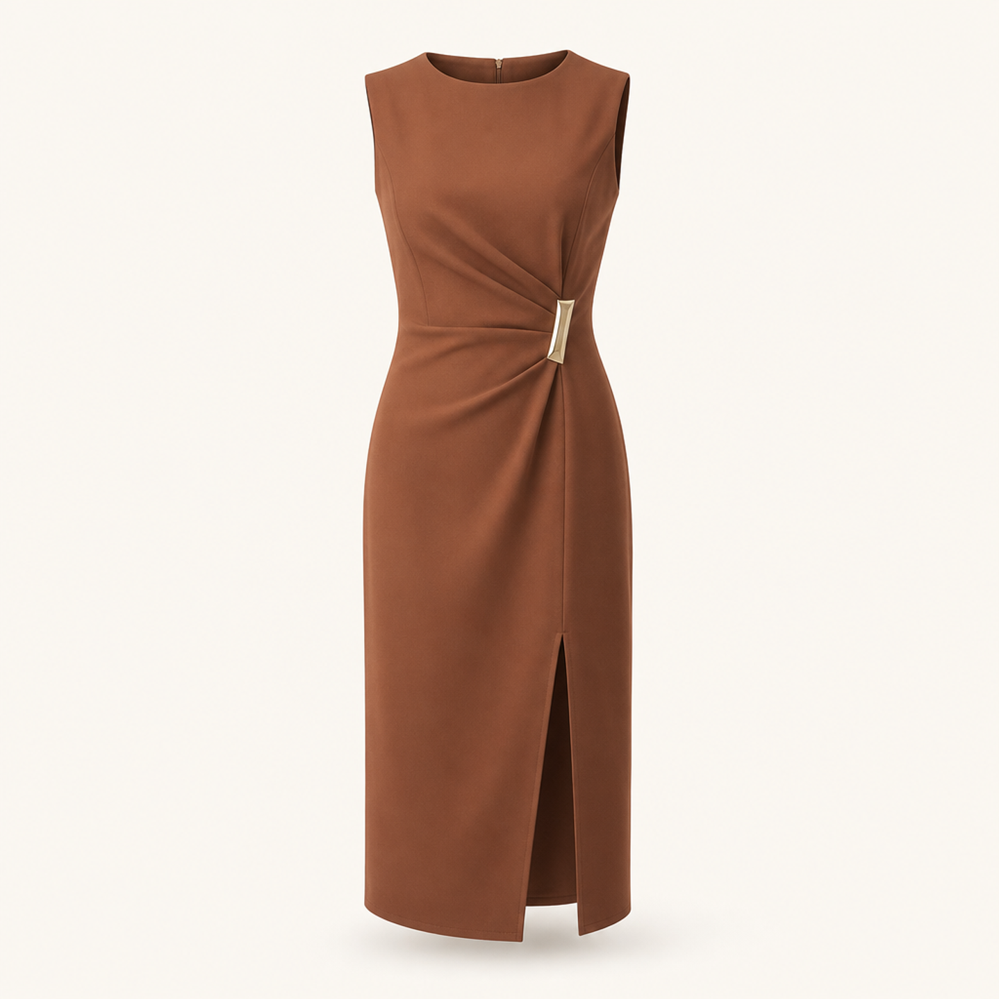 Brown sleeveless midi dress with crew neckline by Lord & Taylor Heritage, full view