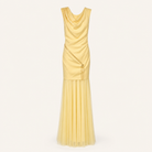 Butter yellow pleated tulle maxi gown with ruched bodice, flat lay by Lord & Taylor Heritage