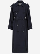Dark grey Veyron double-breasted coat with waist belt, front view by The Frankie Shop