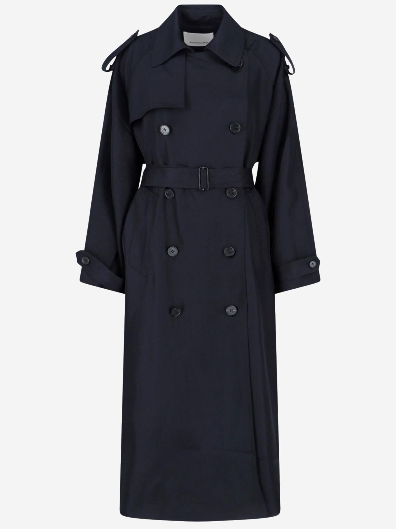 Dark grey Veyron double-breasted coat with waist belt, front view by The Frankie Shop