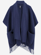 Navy cashmere cape with open-front drape by Ferragamo, front view