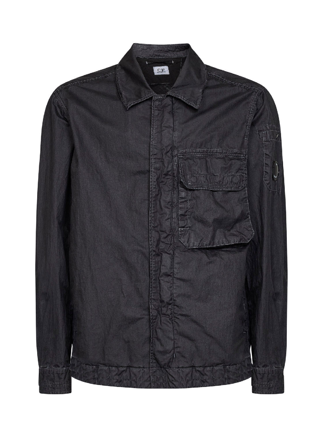 Black wax-effect overshirt with Lens detail by C.P. Company, front view