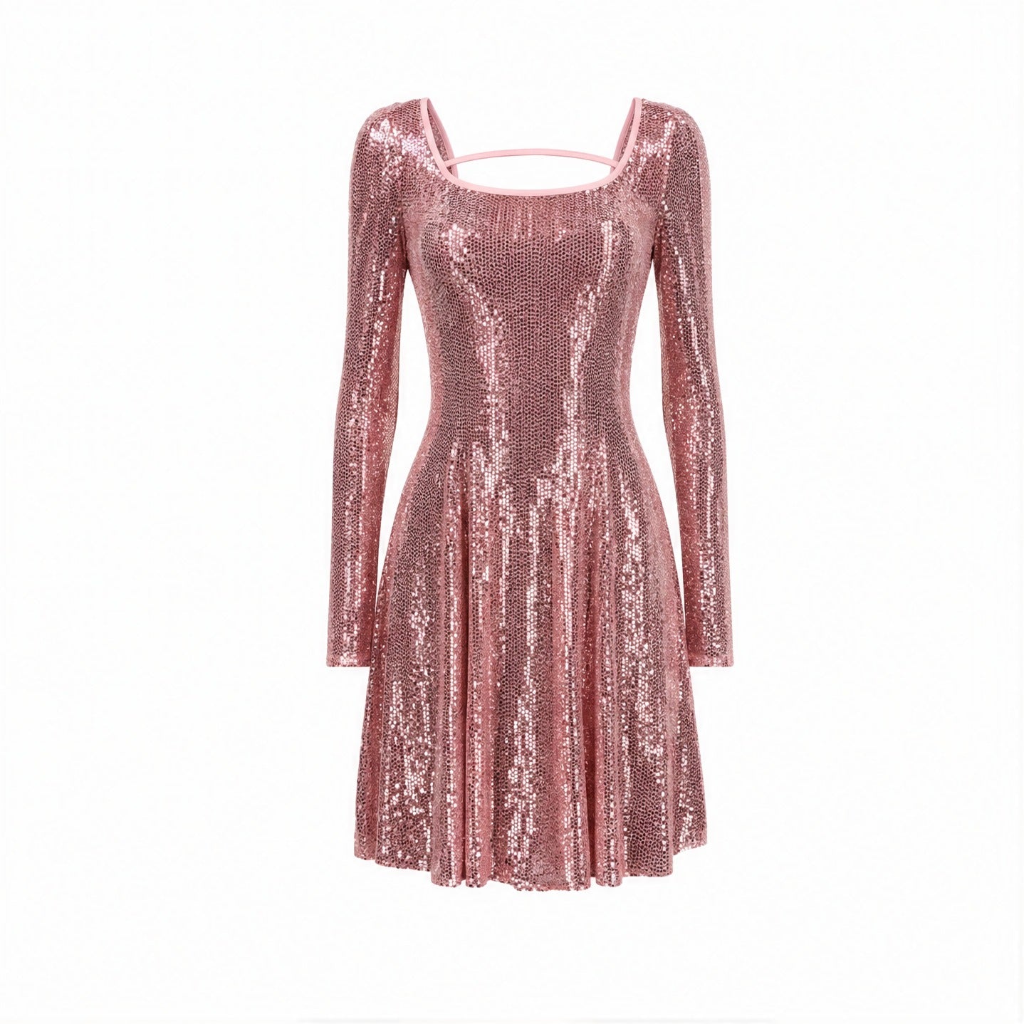 Rose gold pink sequined mini dress by Versace Jeans Couture, flat lay view