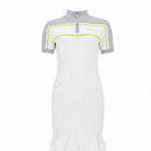 White ribbed knit polo shirt dress with neon yellow piping by Casablanca, flat lay