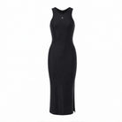 Black Coperni racer tank dress with metallic logo, front flat lay