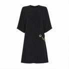 Black Celine Cady wrap dress with gold chain detail, flat lay view