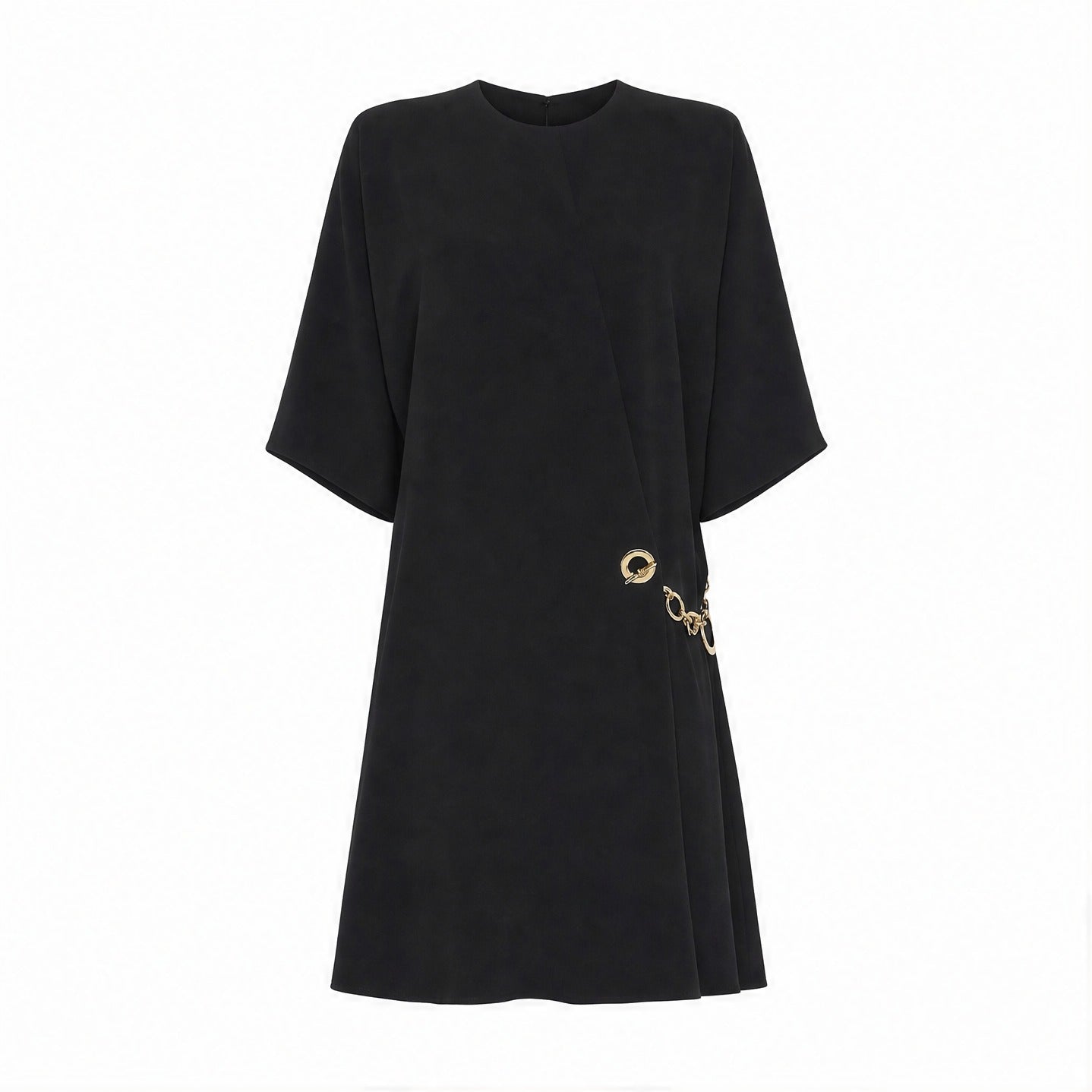 Black Celine Cady wrap dress with gold chain detail, flat lay view