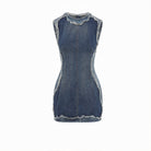 Blue denim mini dress with raw-cut edges by Acne Studios, front flat lay