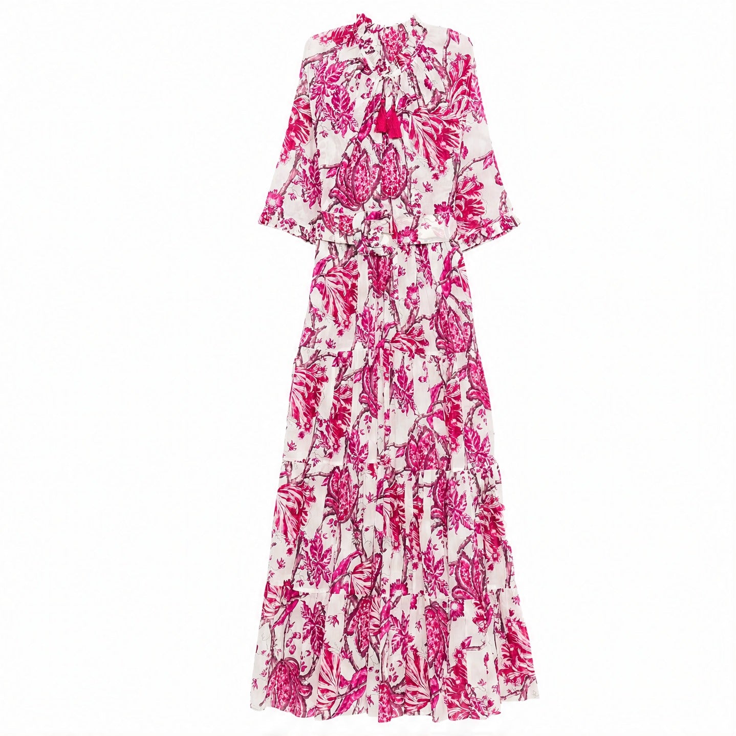 Pink and white floral tiered maxi dress by Samantha Sung, front view