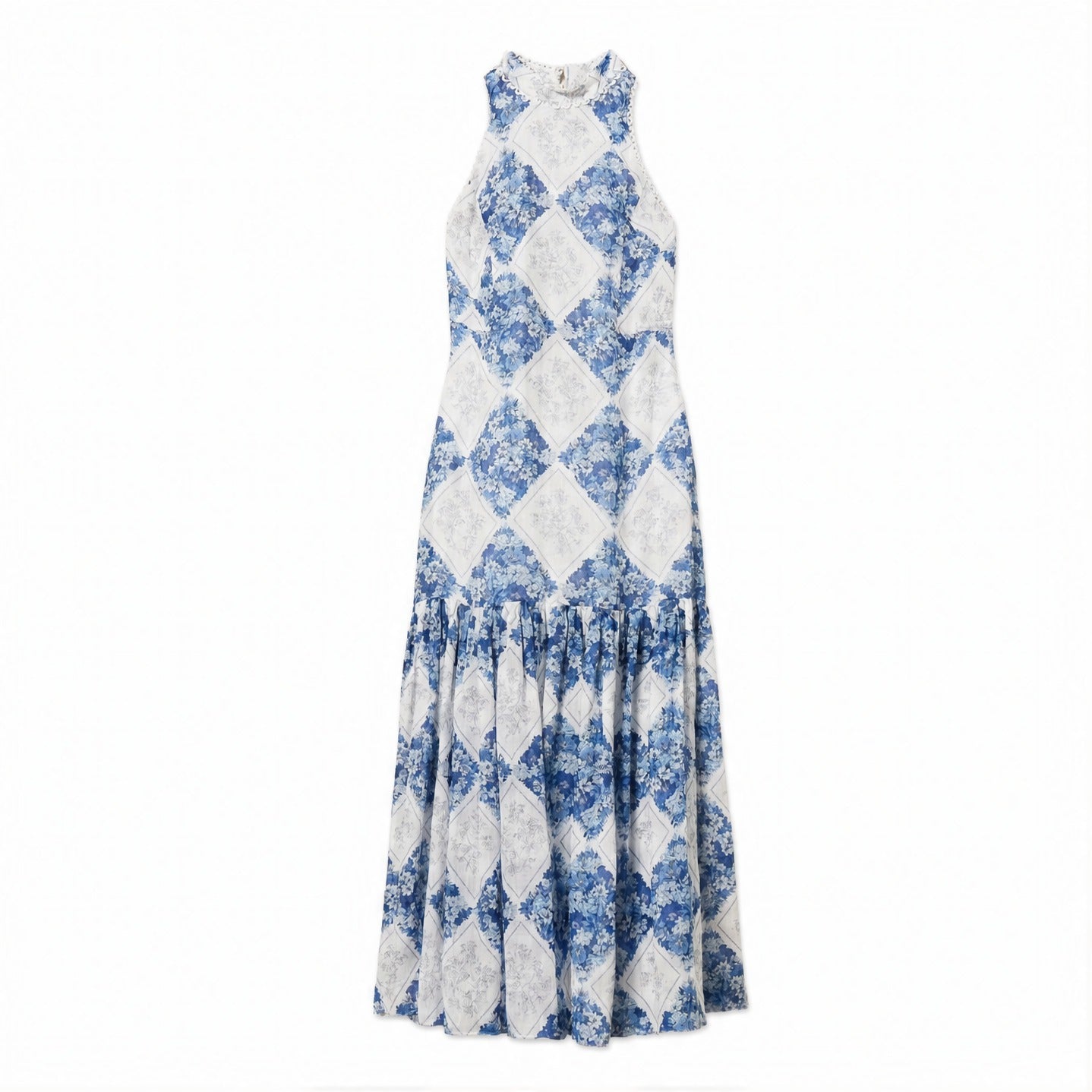 White floral maxi dress with halter neckline by Twin-Set, front flat lay